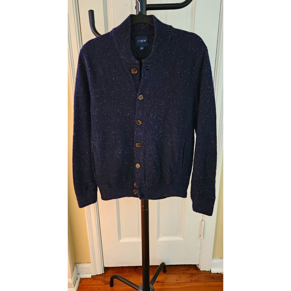 J.CREW Men's S Navy Speckled Mock Neck Button Cardigan Sweater Pockets Knit